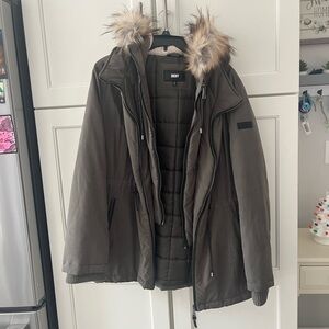 DKNY Olive Coat with Faux Fur Hood